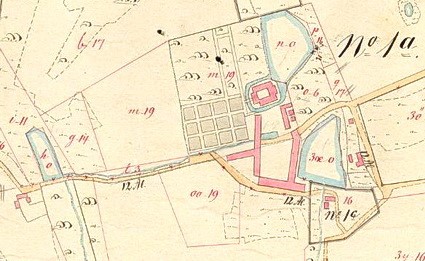 Matrikelkort, 1777-1880-erne. Det gamle Barrritskov med avlsbygninger, park, mølledam og vandmølle (ved 16)