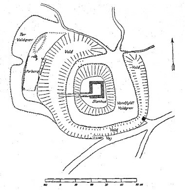Grundtegning af Stagsevold, som anlægget fremstod ved Nationalmuseets udgrav-ning i 1941-42.