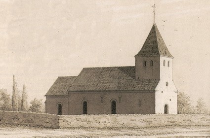 Vrigsted Kirke tegnet efter kirkens forhøjelse i 1875, men før tårnets forhøjelse i 1882.